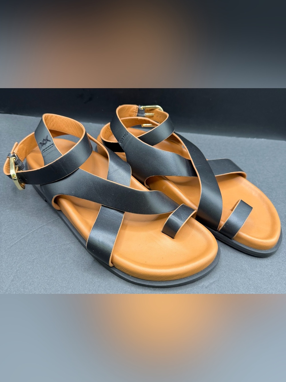 Free People - Anya Black Crisscross, Leather Sandals w/Tan Footbed- Size:7
